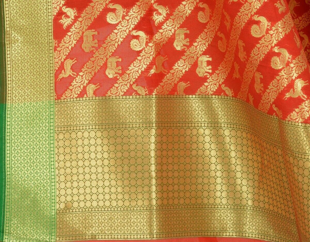 Red Banarasi Dupatta Birds & Animal Woven Zari Brocade Indian Long Stole Wrap