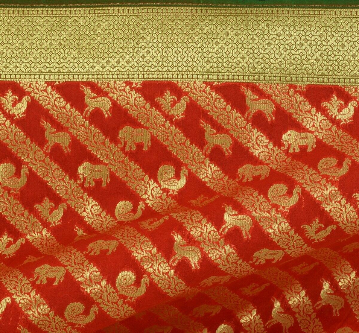 Red Banarasi Dupatta Birds & Animal Woven Zari Brocade Indian Long Stole Wrap