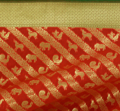 Red Banarasi Dupatta Birds & Animal Woven Zari Brocade Indian Long Stole Wrap