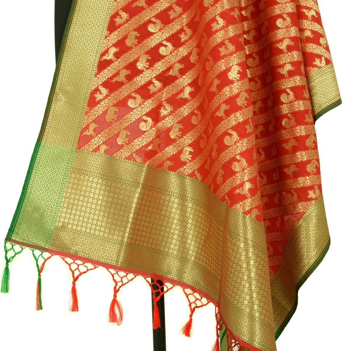 Red Banarasi Dupatta Birds & Animal Woven Zari Brocade Indian Long Stole Wrap