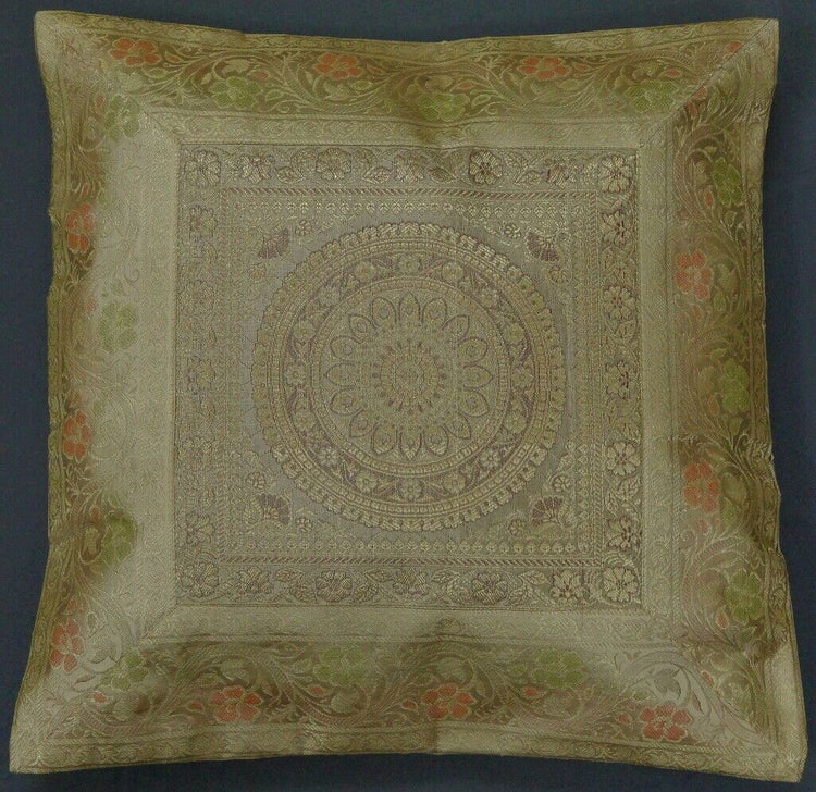 17" Sq Indian Art Silk Woven Zari Borcade Banarasi Cushion Pillow Covers Cream