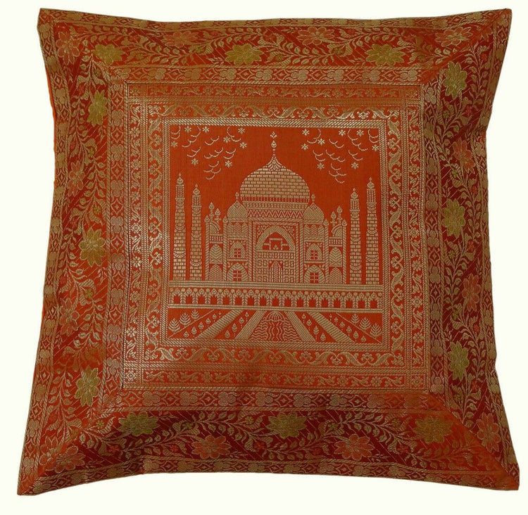 17" Sq Indian Art Silk Woven Zari Borcade Banarasi Cushion Pillow Covers Orange