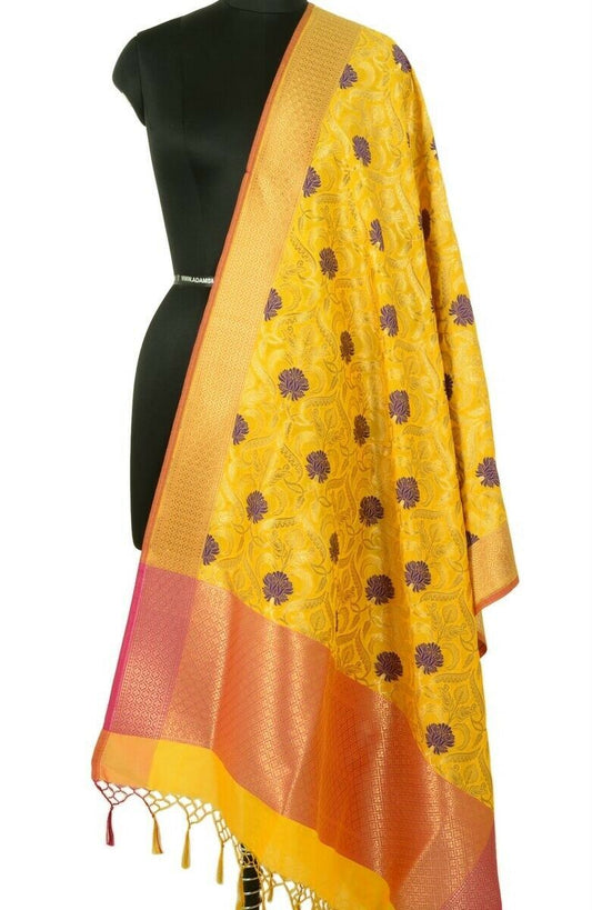 Banarasi Dupatta Woven Zari Brocade Indian Art Silk Long Stole Shawl Mustard