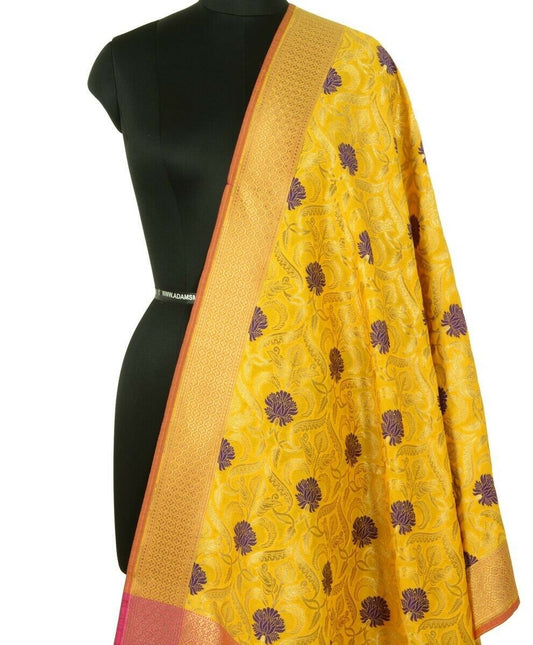 Banarasi Dupatta Woven Zari Brocade Indian Art Silk Long Stole Shawl Mustard