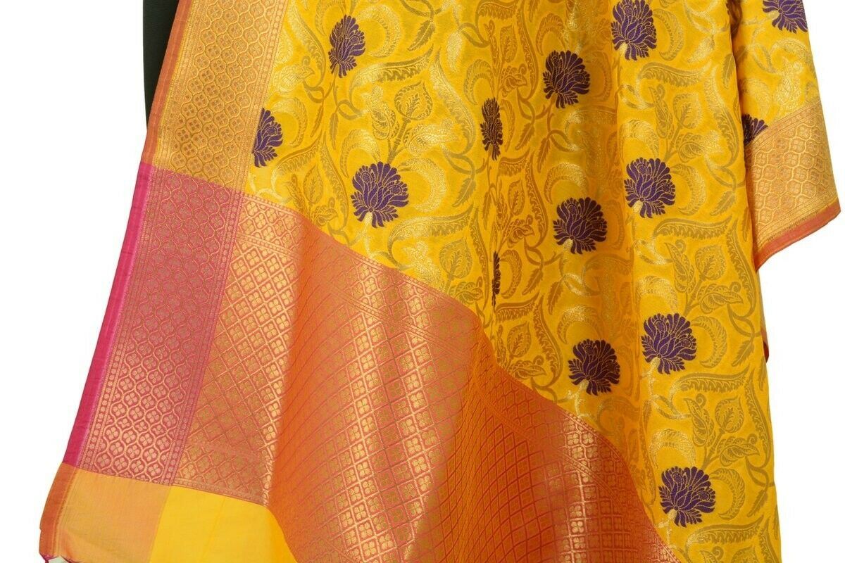 Banarasi Dupatta Woven Zari Brocade Indian Art Silk Long Stole Shawl Mustard