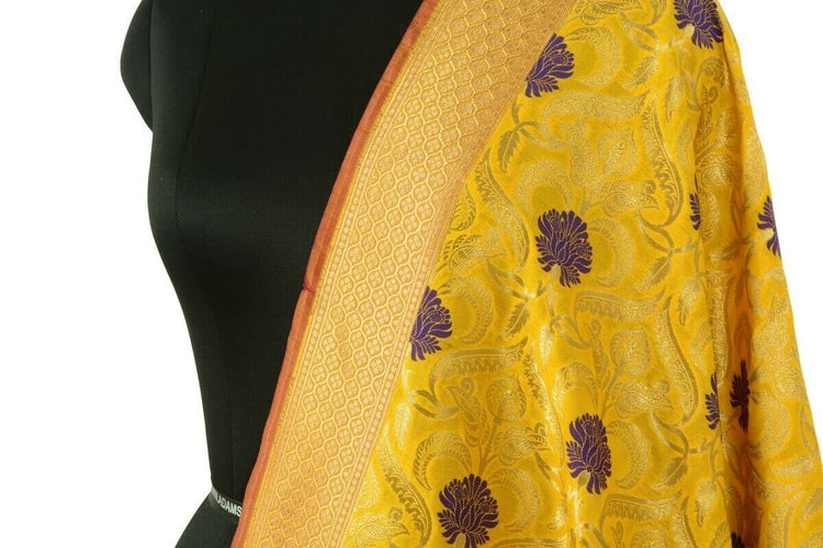 Banarasi Dupatta Woven Zari Brocade Indian Art Silk Long Stole Shawl Mustard