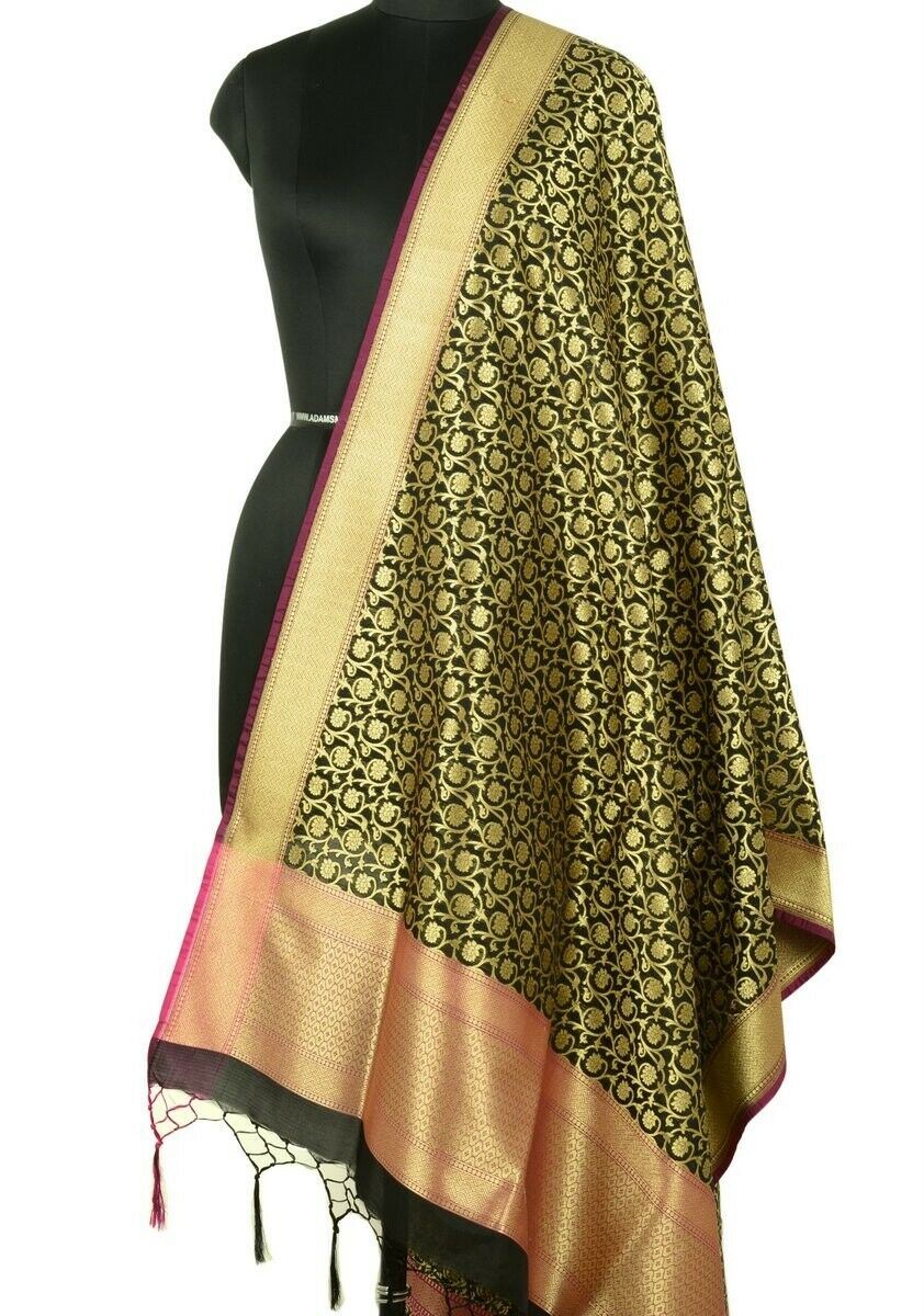 Banarasi Dupatta Woven Zari Brocade Indian Art Silk Long Stole Shawl Black