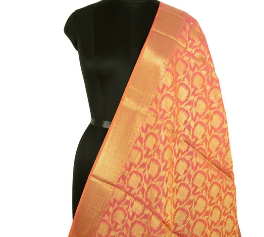 Pink Banarasi Dupatta Floral Woven Zari Brocade Indian Long Stole Wrap Shawl
