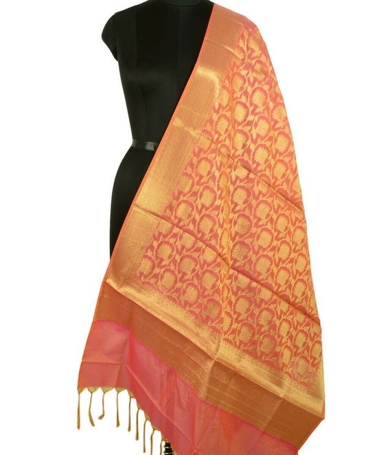 Pink Banarasi Dupatta Floral Woven Zari Brocade Indian Long Stole Wrap Shawl