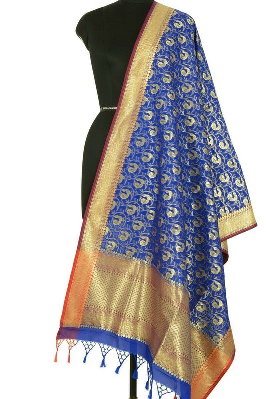Blue Banarasi Dupatta Peacock Woven Zari Brocade Indian Long Stole Wrap