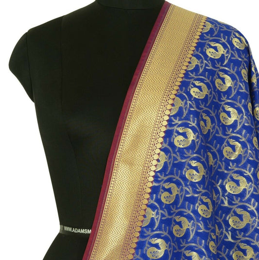 Blue Banarasi Dupatta Peacock Woven Zari Brocade Indian Long Stole Wrap