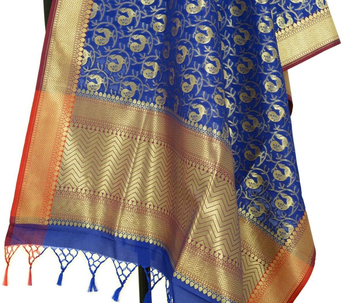 Blue Banarasi Dupatta Peacock Woven Zari Brocade Indian Long Stole Wrap