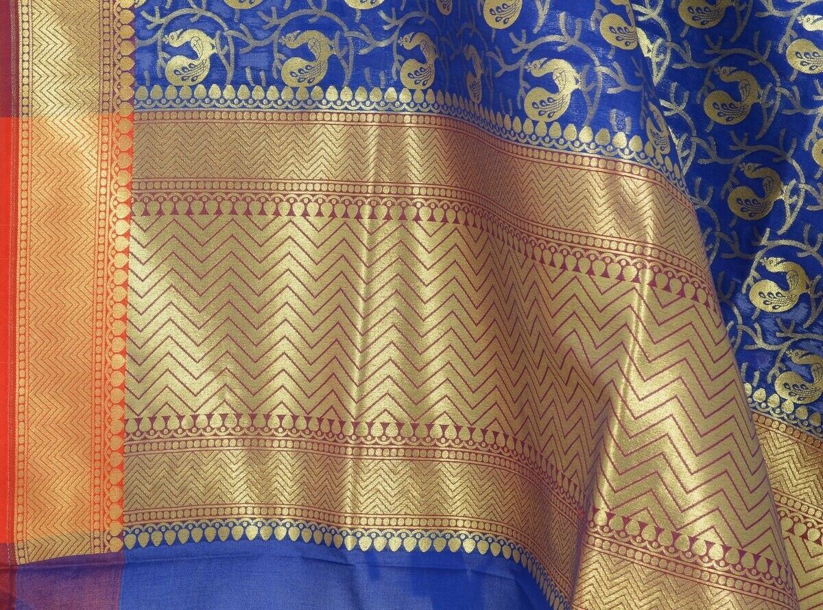 Blue Banarasi Dupatta Peacock Woven Zari Brocade Indian Long Stole Wrap
