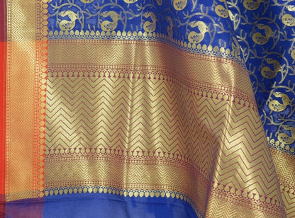 Blue Banarasi Dupatta Peacock Woven Zari Brocade Indian Long Stole Wrap