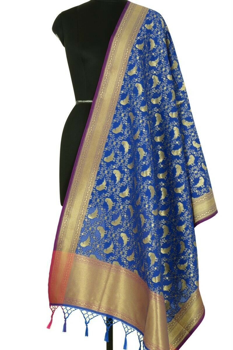 Blue Banarasi Dupatta Birds Woven Zari Brocade Indian Long Stole Wrap Scarves