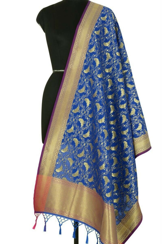 Blue Banarasi Dupatta Birds Woven Zari Brocade Indian Long Stole Wrap Scarves