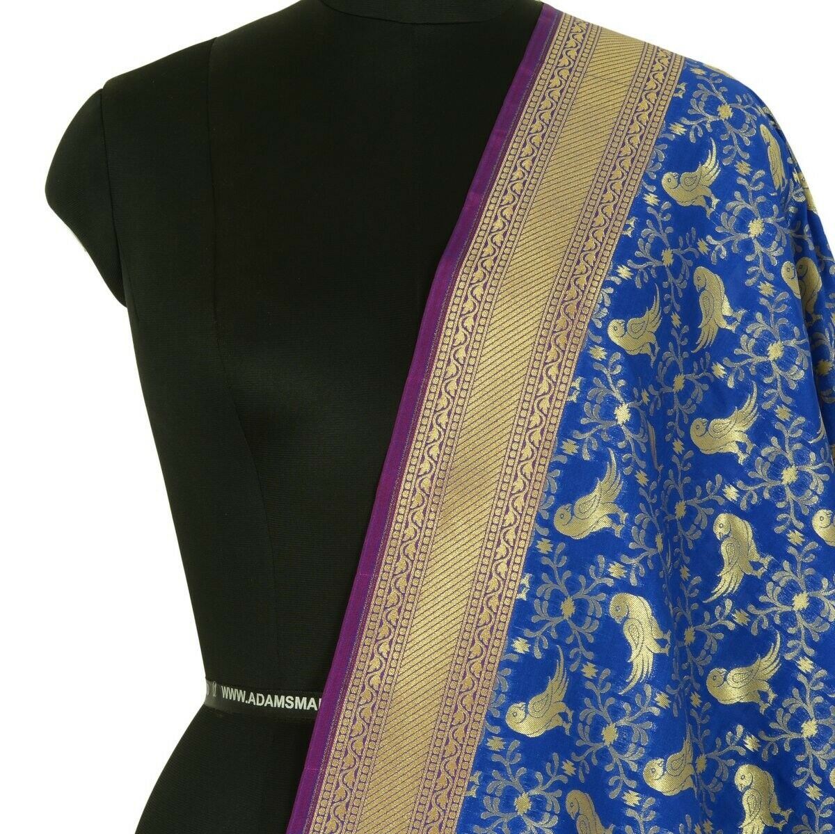 Blue Banarasi Dupatta Birds Woven Zari Brocade Indian Long Stole Wrap Scarves