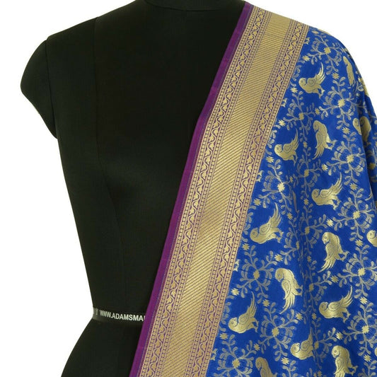 Blue Banarasi Dupatta Birds Woven Zari Brocade Indian Long Stole Wrap Scarves