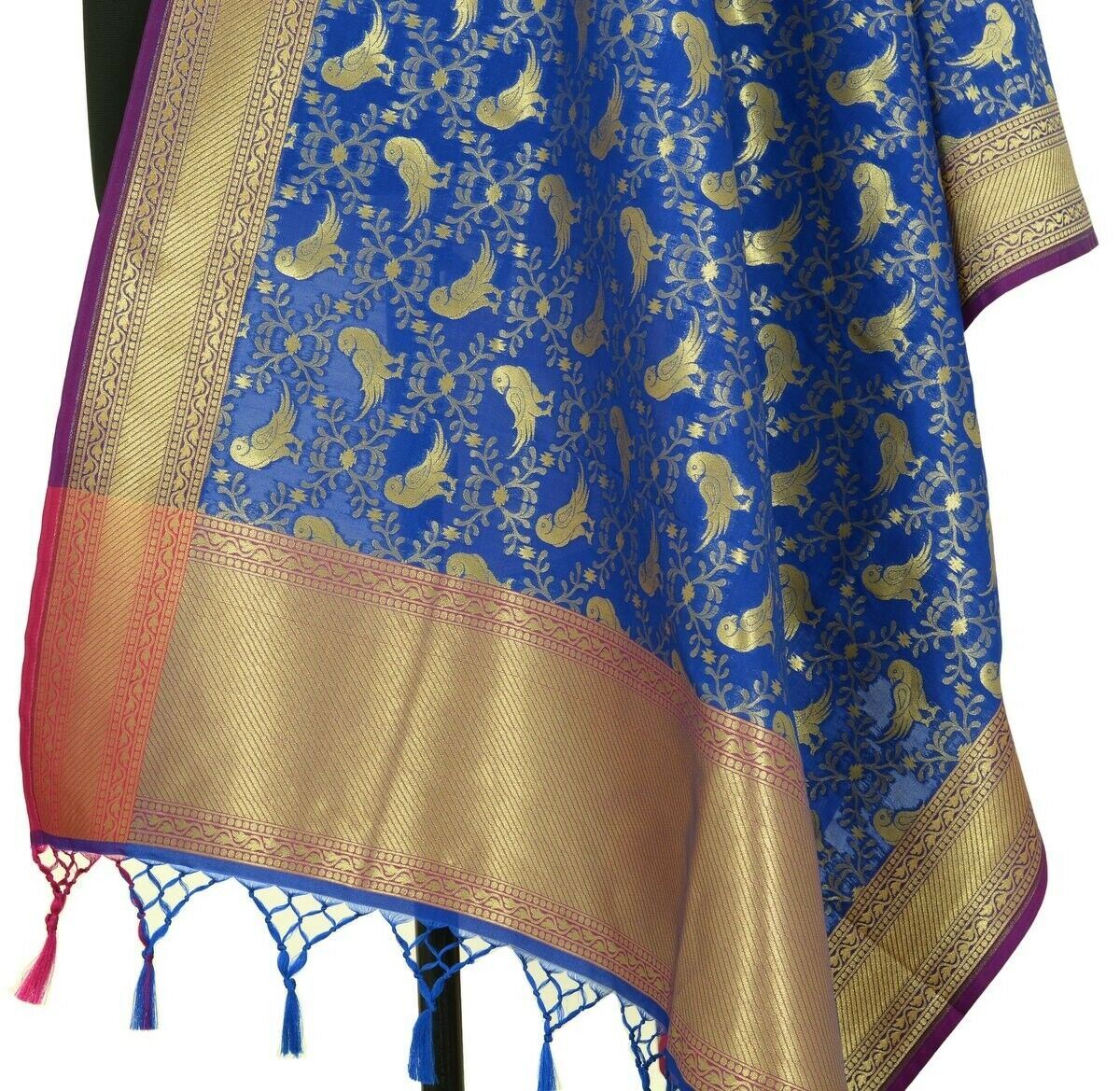 Blue Banarasi Dupatta Birds Woven Zari Brocade Indian Long Stole Wrap Scarves