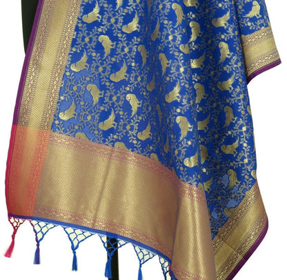 Blue Banarasi Dupatta Birds Woven Zari Brocade Indian Long Stole Wrap Scarves