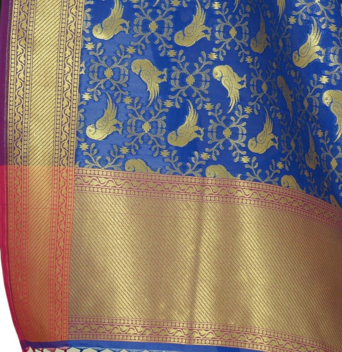 Blue Banarasi Dupatta Birds Woven Zari Brocade Indian Long Stole Wrap Scarves