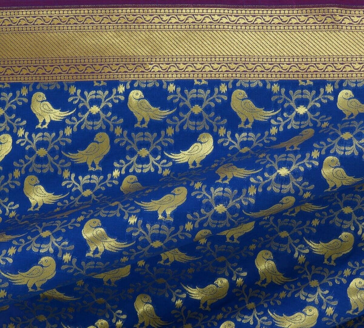 Blue Banarasi Dupatta Birds Woven Zari Brocade Indian Long Stole Wrap Scarves