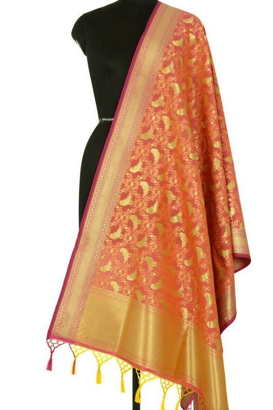 Peach Banarasi Dupatta Birds Woven Zari Brocade Indian Long Stole Wrap Scarves
