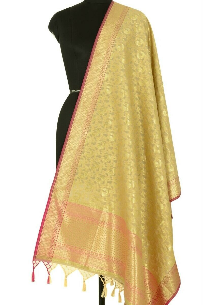 Beige Banarasi Dupatta Peacock Woven Zari Brocade Indian Long Stole Wrap
