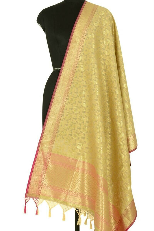 Beige Banarasi Dupatta Peacock Woven Zari Brocade Indian Long Stole Wrap