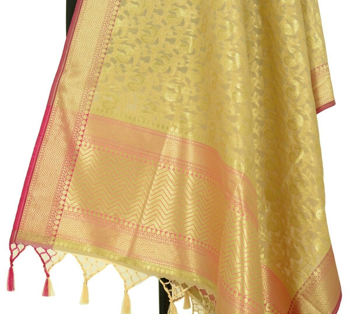 Beige Banarasi Dupatta Peacock Woven Zari Brocade Indian Long Stole Wrap