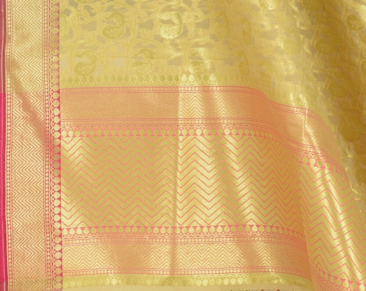Beige Banarasi Dupatta Peacock Woven Zari Brocade Indian Long Stole Wrap