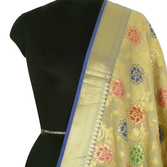 Beige Banarasi Dupatta Floral Woven Zari Brocade Indian Long Stole Wrap Shawl