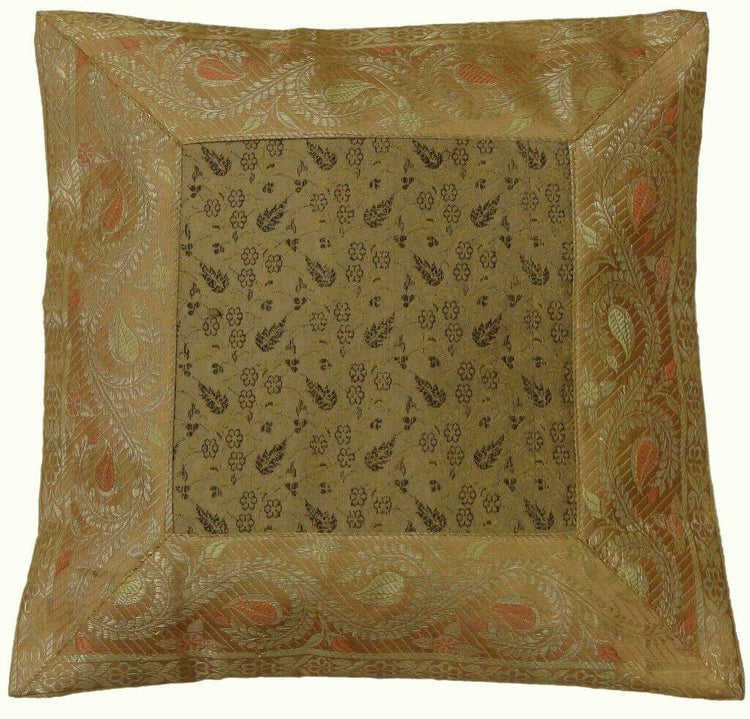 12" Sq Indian Art Silk Woven Zari Borcade Banarasi Cushion Pillow Covers Cream