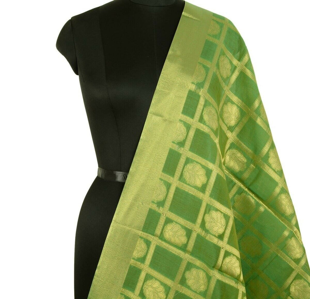 Green Banarasi Dupatta Floral Woven Zari Brocade Indian Long Stole Wrap Shawl