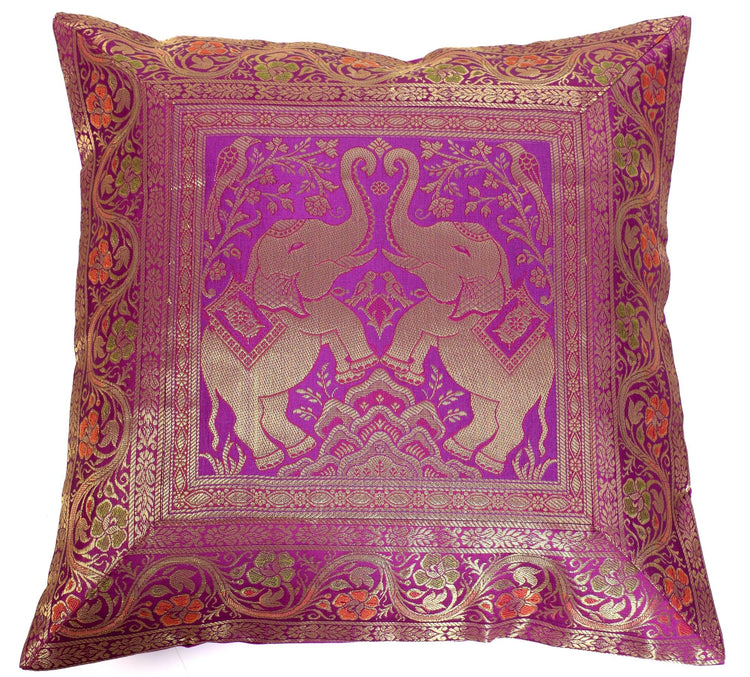 16x16 Inch Indian Woven Zari Brocade Banarasi Silk Elephant Cushion Covers Purpl