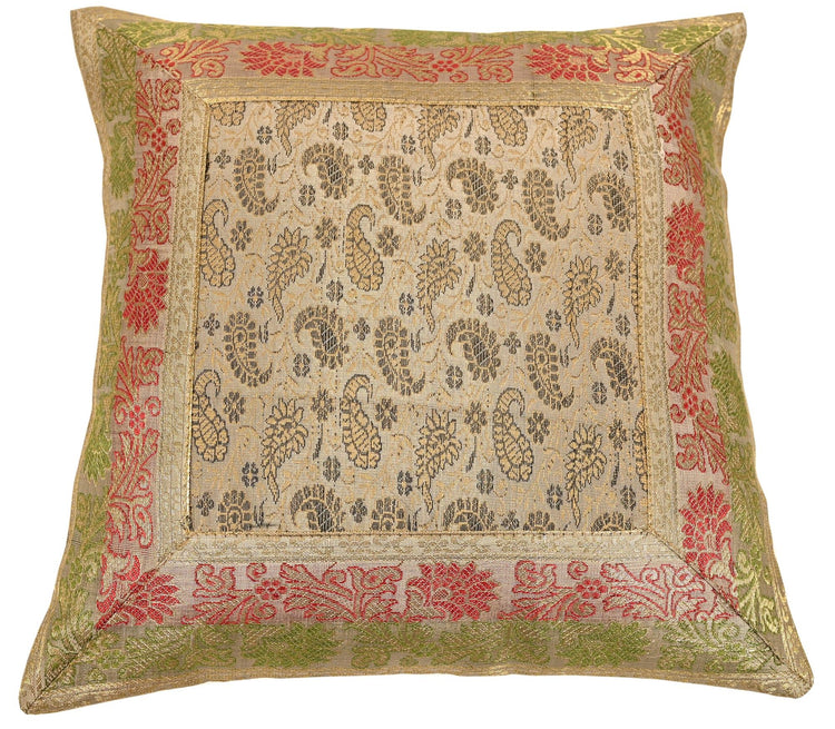 12x12 Inch Indian Woven Zari Brocade Banarasi Silk Paisley Floral Cushion Covers