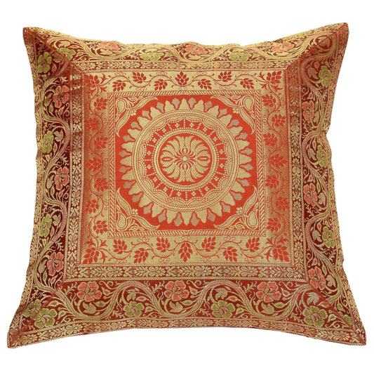 16x16 Inch Indian Woven Zari Brocade Banarasi Silk Mandala Cushion Covers Rust