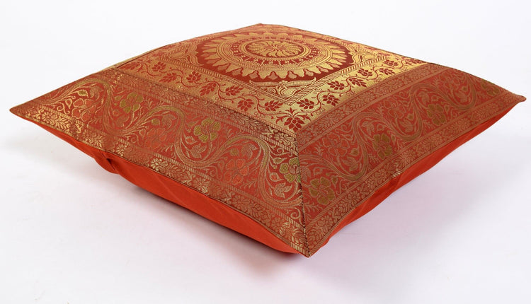 16x16 Inch Indian Woven Zari Brocade Banarasi Silk Mandala Cushion Covers Rust