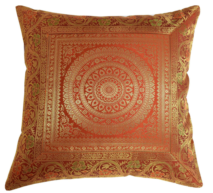16x16 Inch Indian Woven Zari Brocade Banarasi Silk Mandala Cushion Covers Rust