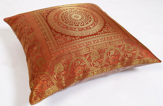 16x16 Inch Indian Woven Zari Brocade Banarasi Silk Mandala Cushion Covers Rust