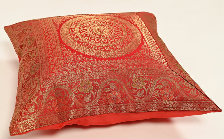 16x16 Inch Indian Woven Zari Brocade Banarasi Silk Mandala Cushion Covers Red