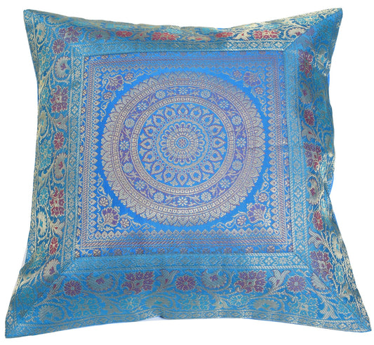 16x16 Inch Indian Woven Zari Brocade Banarasi Silk Mandala Cushion Covers Turquo
