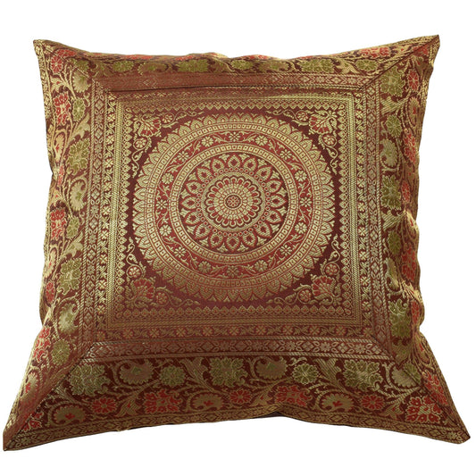 16x16 Inch Indian Woven Zari Brocade Banarasi Silk Mandala Cushion Covers Brown