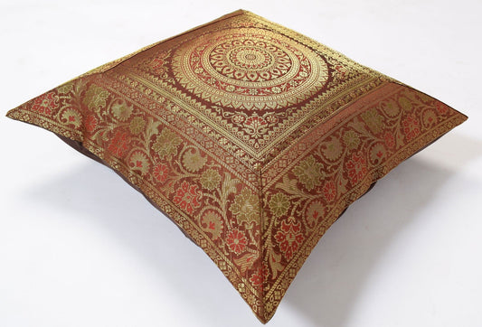 16x16 Inch Indian Woven Zari Brocade Banarasi Silk Mandala Cushion Covers Brown