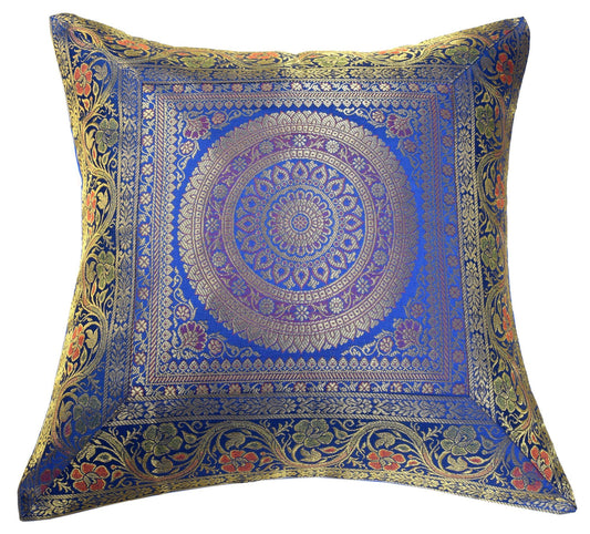 16x16 Inch Indian Woven Zari Brocade Banarasi Silk Mandala Cushion Covers Blue