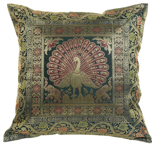 16x16 Inch Indian Woven Zari Brocade Banarasi Silk Peacock Cushion Covers Dark G