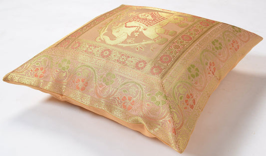 16x16 Inch Indian Woven Zari Brocade Banarasi Silk Elephant Cushion Covers Beige