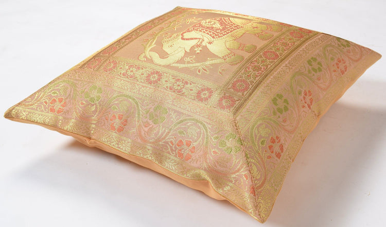 16x16 Inch Indian Woven Zari Brocade Banarasi Silk Elephant Cushion Covers Beige