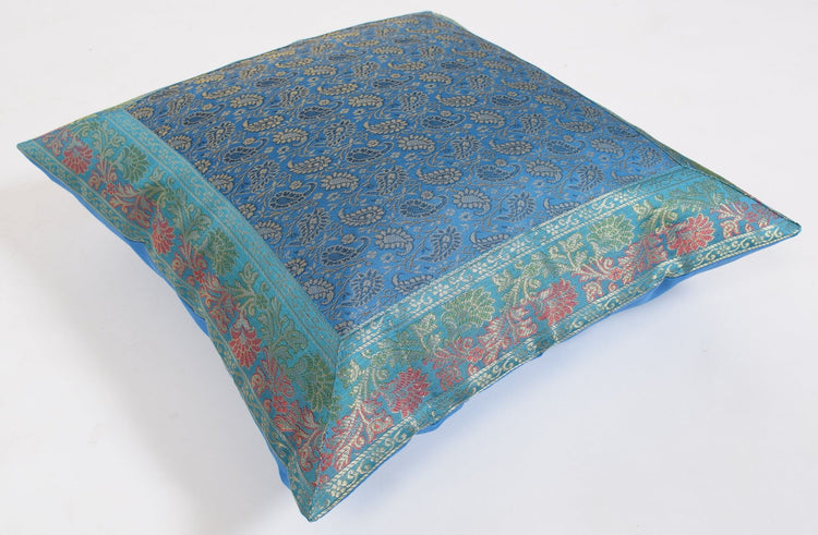 16x16 Inch Indian Woven Zari Brocade Banarasi Silk Paisley Cushion Covers Turquo