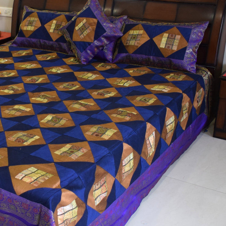 Banarasi Bed Cover Set Indian Ethnic Traditional Woven Patch Work Brocade Blue